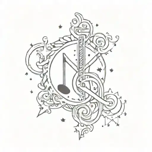 The Tamil Word For 'Music' Written In A Celestial Font With Stars And Planets Around It