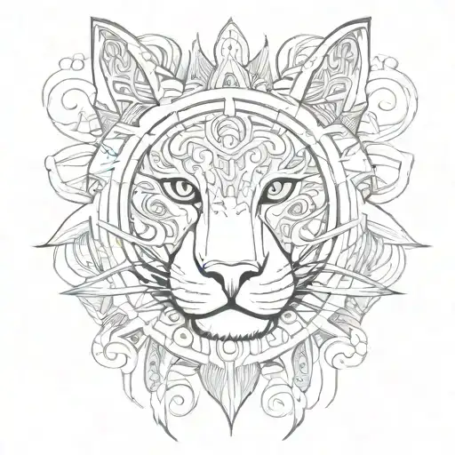 A Sketch-style Tattoo Of A Mystical Sun God With Tribal Patterns And Symbols Of Cats And Tigers