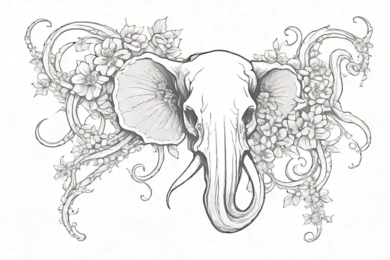 Elephant Octopus Hybrid Animal Skull With Tenticles Surrounded By Gothic Inspired Flowers & Theme