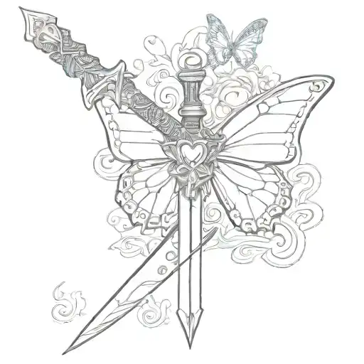 A Sword With A Heart In The Blade And A Butterly Combined In Cybertattoo Style