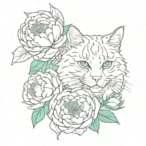 Peonies And A Cat With Green Eyes
