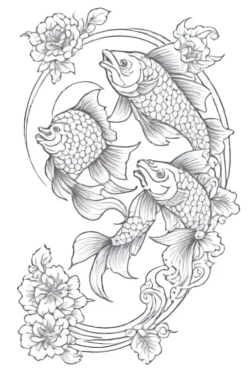 Two Fish With Moon And Flower In Asian Style