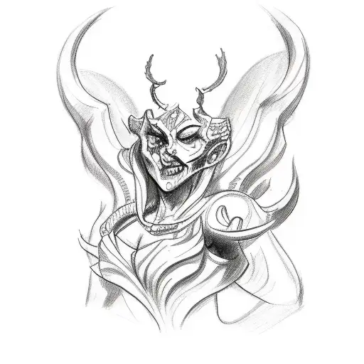 A Sketch-style Tattoo Of A Demon Girl Sketching A Statue