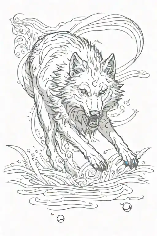 A Wolf From Norse Mythology Swimming With Fish In A Stream