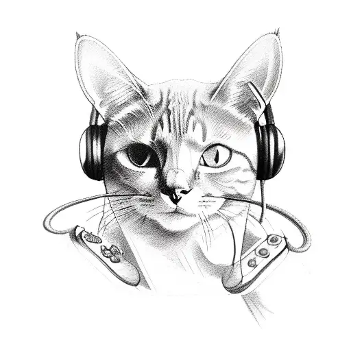 A Sketch-style Tattoo Of A Cat Wearing Gaming Headphones And Holding A Controller