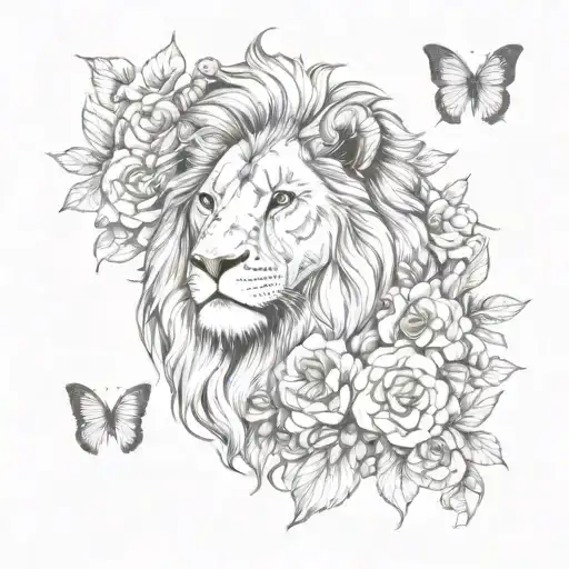 Lion With Flowers And Butterflies
