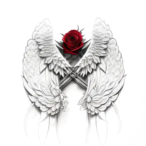 Angel Wings With Red Roses And Thorns