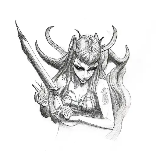 A Sketch-style Tattoo Of A Demon Girl Sketching A Statue