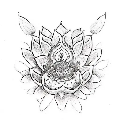 A Sketch-style Tattoo Of A Tranquil Buddha Statue Adorned With Lotus Flowers