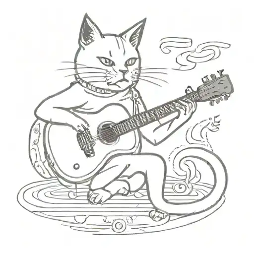 A Minimalist Tattoo Design Of A Cat Playing A Guitar