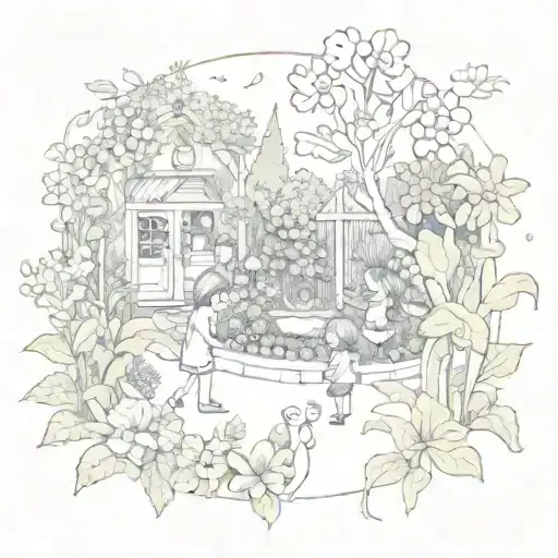 A Whimsical Garden Scene With Children Playing Among Flowers And Vegetables