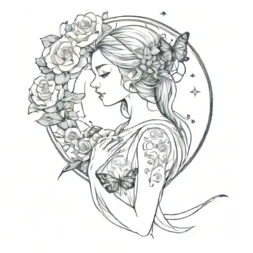 Virgo Maiden With Butterflies Flowers And Moon