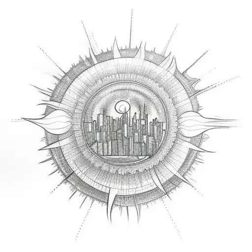 A Sketch-style Tattoo Of A Sun Rising Behind A City Skyline With Delicate Floral Patterns