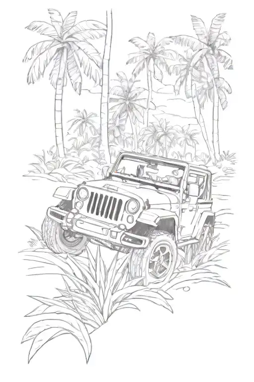A Detailed Illustration Of A Jeep Wrangler Driving Through A Lush Hawaiian Jungle