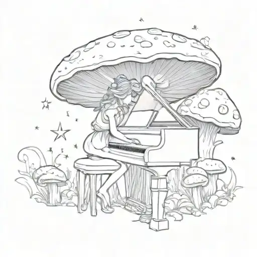A Whimsical Fairy Sitting On A Giant Mushroom Playing A Piano Under A Starry Sky