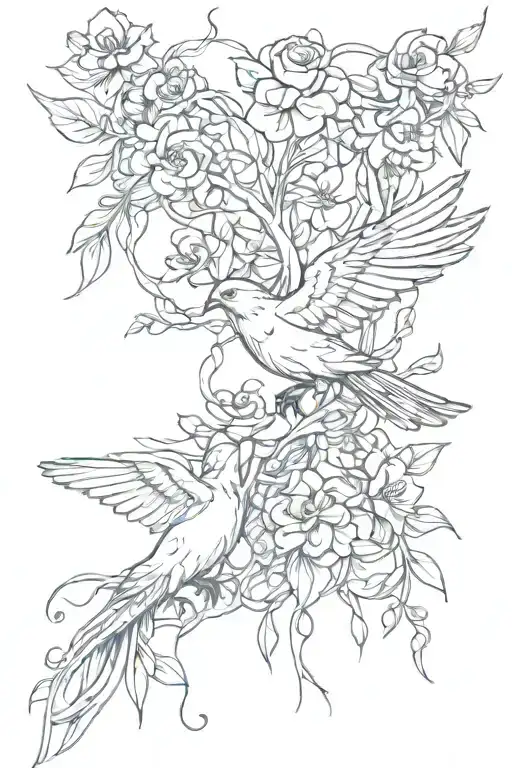Flower Vine With Doves And Mocking Bird Masculine