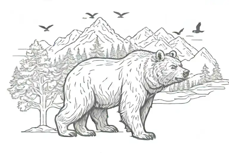 Bear Outline Fading To Trees And Mountains With Birds Flying