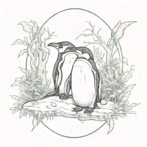 A Tattoo Design Combining Penguins And Dragons In A Mystical Forest Setting