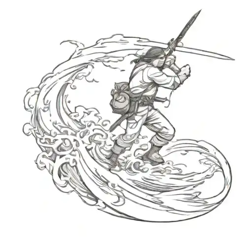 A Sketch Style Tattoo Of A Sword-wielding Explorer Fighting Off Sea Monsters In A Stormy Ocean
