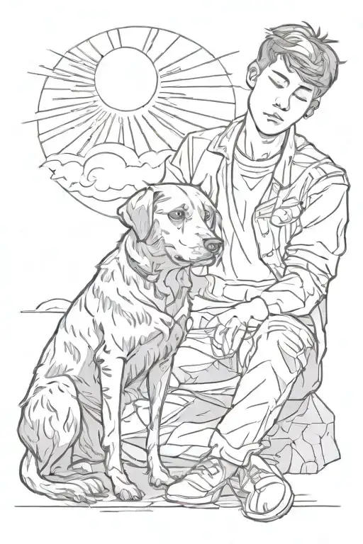 Boy With Dog Sitting Together Sun Rising