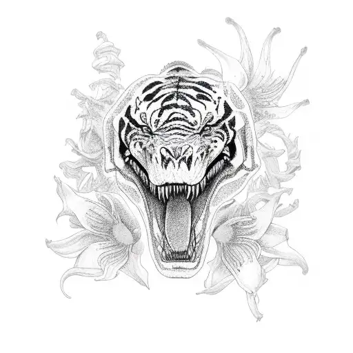 Skeleton T-rex With Tiger Lily Flowers