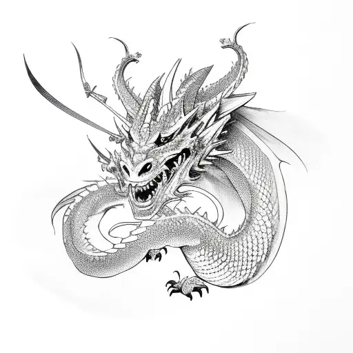 Dragon And Samurai In Sketch Style