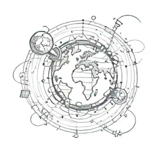 An Abstract Globe Design With Barbells And Music Symbols Representing Different Countries