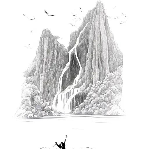 A Big Waterfall With A Man Mid Air Jumping Off Of It Into The River Below