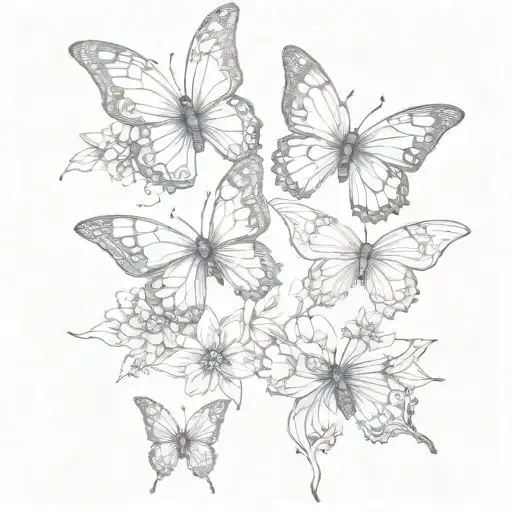 Butterflies In A Line With Flowers