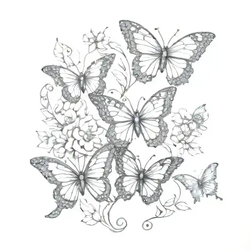 Butterflies In A Line With Flowers