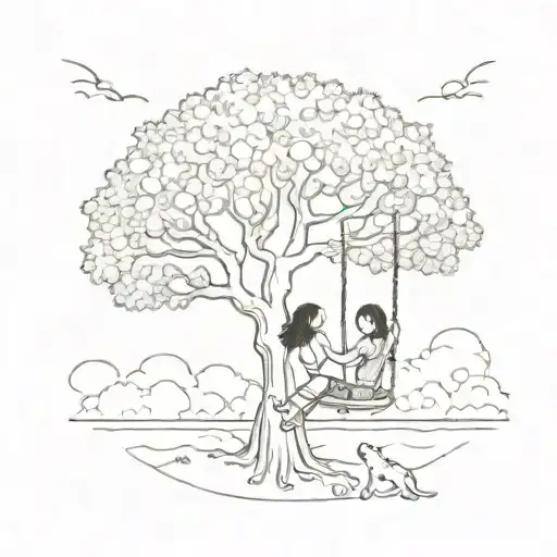 Girl Swinging Under Tree Of Life With Dog Under Tree