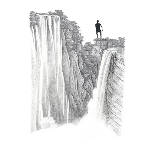 A Big Waterfall With A Man Flipping Off Of It Into The River Below