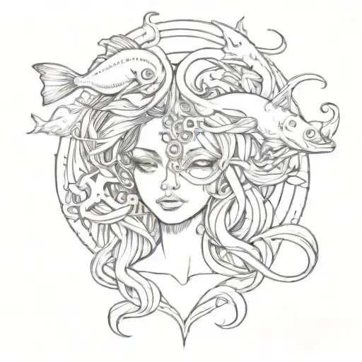 Sketch A Dreamy Portrait Of A Pisces And Aires Hybrid Creature With Elements From Both Zodiac Signs