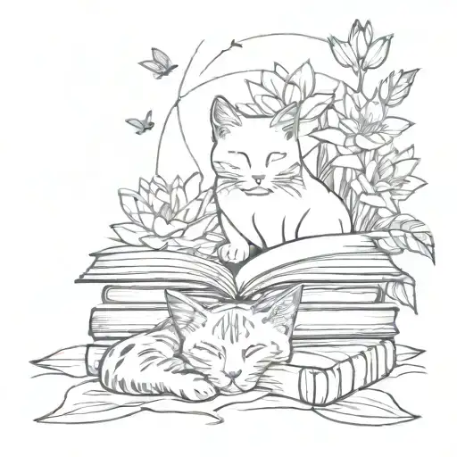 A Peaceful Lotus Flower Surrounded By Books And A Sleeping Cat
