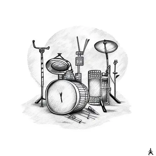 A Sketch-style Tattoo Of A Drum Set With Tribal Patterns And Music Symbols Incorporated