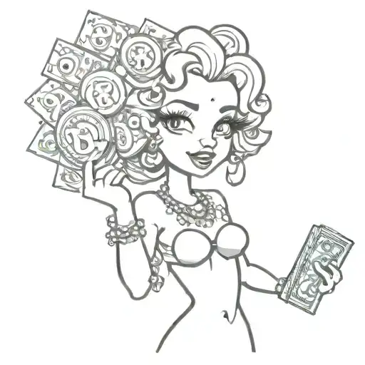 A Sketch Style Tattoo Of Betty Boop Holding A Stack Of Money With Music Symbols In The Background