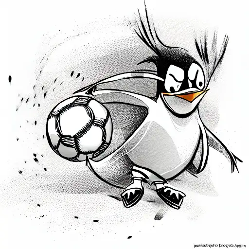 Well Detailed Cartoon Penguin Kicking A Soccer Ball