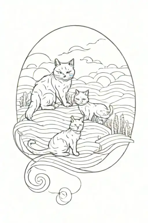 Three Cat Silhouettes Hidden In A Landscape Of Wavy Lines