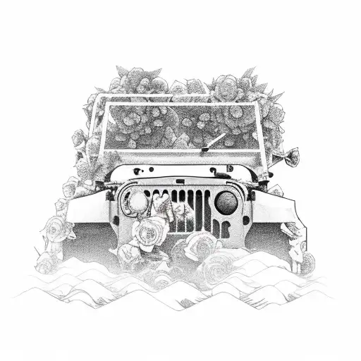 A Vintage Military Jeep Engulfed In A Forest Of Roses