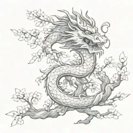 Water Chinese Dragon In The Branches Of A Sakura Tree With Flying Sakura Petals