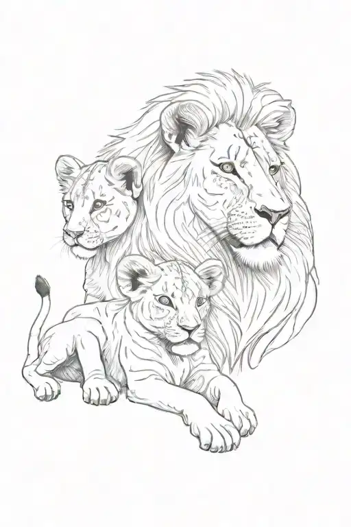Lion Mom With Two Lion Cubs