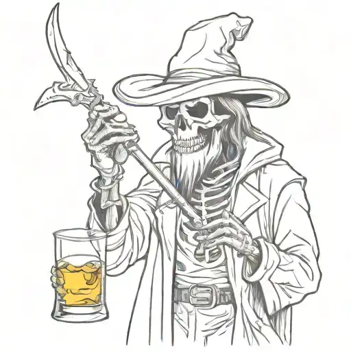 Grim Reaper Holding Whiskey Glass And Smoking A Cigarette With Scythe