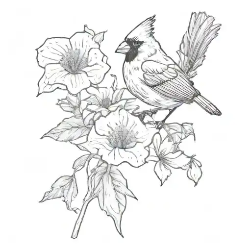 Cardinal With Poppies And Morning Glory Vine