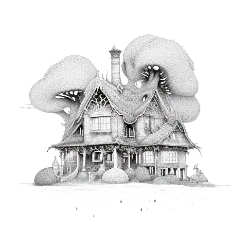 Spooky Cottage Engulfed In Swirling Vines And Haunted Mushrooms