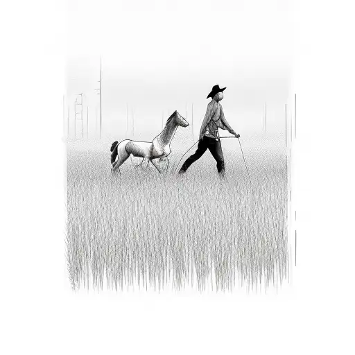A Guy And A Girl Walking Horses Through Tall Grass