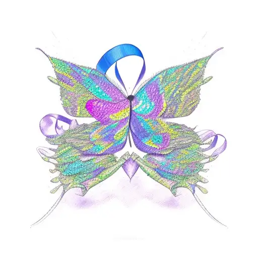 A School Of Colorful Purple Butterflies Gracefully Flying Around A Delicate Cancer Awareness Ribbon