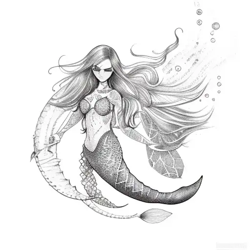 A Sketch-style Tattoo Of A Mermaid With Sparkling Hair