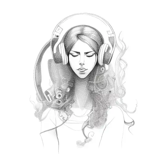A Woman With Flowing Hair Made Up Of Music Notes And Headphones