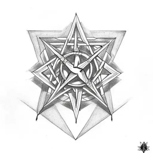 A Tattoo Of A Dinosaur Skeleton With A Pentagram In The Background