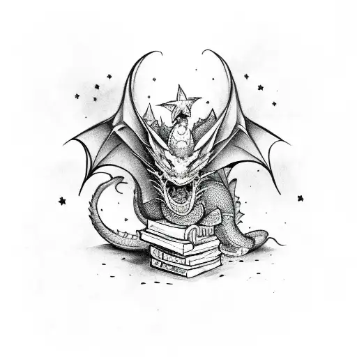 Dragon With Books And Stars